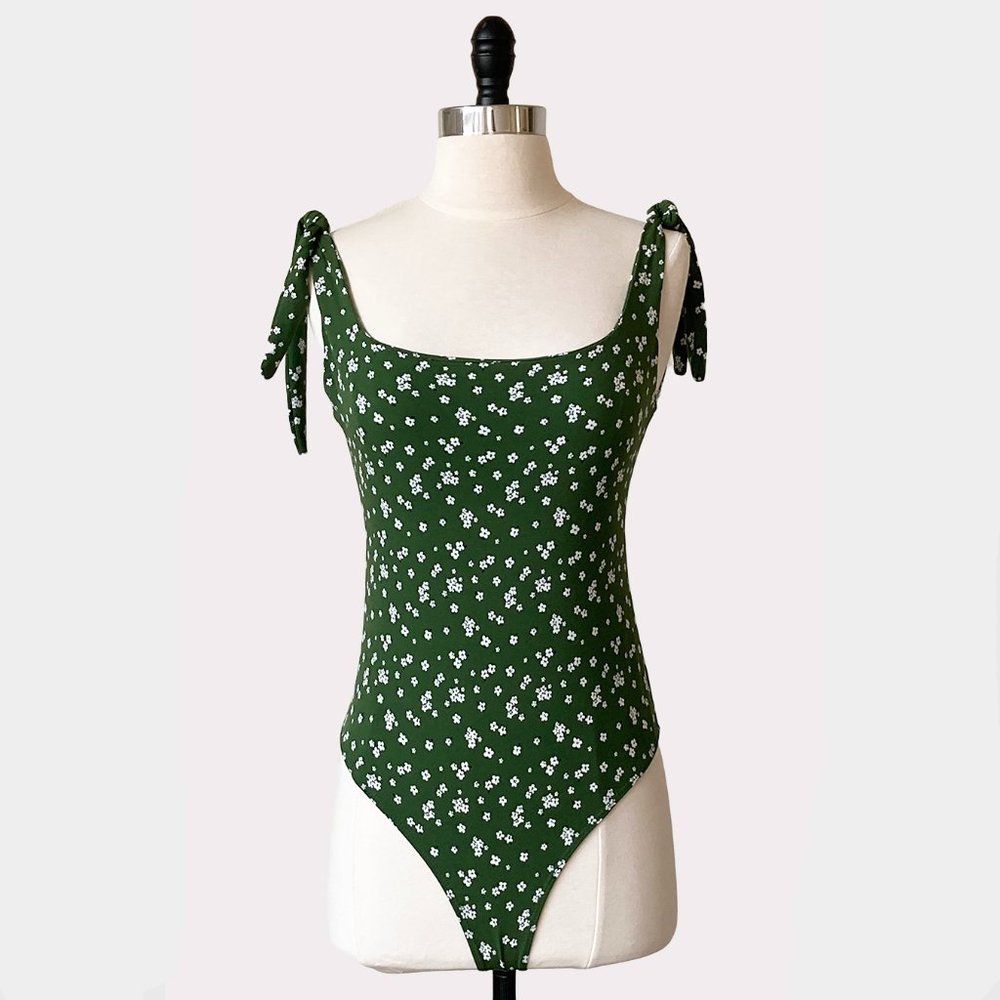 Olive Green Floral Print Sleeveless Tie Strap Bodysuit